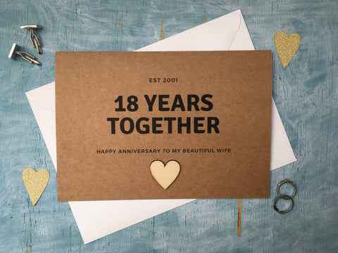 personalised or custom 18th wedding anniversary card with wooden heart for 18 years together