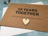 personalised or custom 19th wedding anniversary card with wooden heart for 19 years together