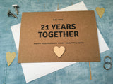personalised or custom 21st wedding anniversary card with wooden heart for 21 years together