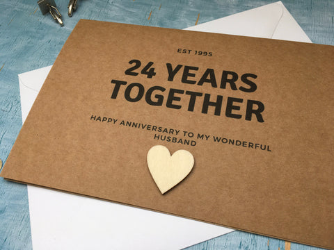 personalised or custom 24th wedding anniversary card with wooden heart for 24 years together