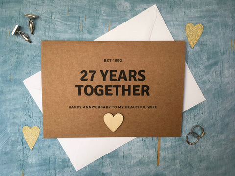 personalised 27th anniversary card, wedding anniversary card 27 years together, est 1995 married 27 years