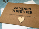 personalised or custom 28th wedding anniversary card with wooden heart for 28 years together