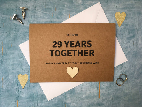 personalised or custom 29th wedding anniversary card with wooden heart for 29 years together