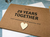 personalised or custom 29th wedding anniversary card with wooden heart for 29 years together
