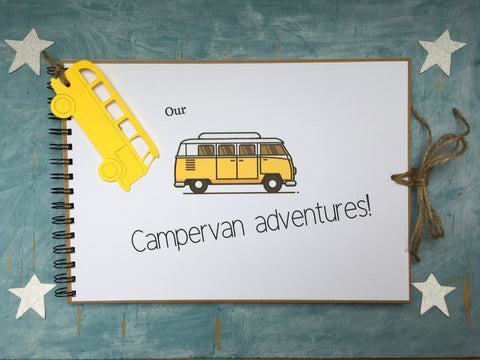 Yellow campervan gift, travel scrapbook album campervan adventures, custom gift for a vw camper van owner