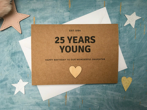 Personalised or custom age birthday card with wooden heart