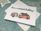 Personalized retro pink camper and caravan birthday card
