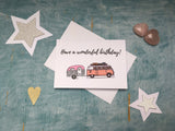 Personalized retro pink camper and caravan birthday card