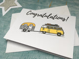 Personalised or custom retro yellow Camper and caravan congratulations card