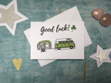 Personalized green Camper van good luck card, custom green retro campervan good luck card for sister
