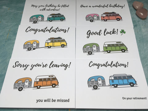 Set of 6 retro campervan custom or personalised cards for different occasions - Campervans with mini teardrop caravans