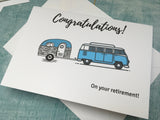 Personalised or custom retro blue Camper and caravan retirement congratulations card