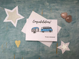 Personalised or custom retro blue Camper and caravan retirement congratulations card