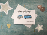 Personalized blue Camper van retirement congratulations card, custom blue retro campervan retirement card for coworkers leaving card