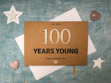 personalised or custom handmade 100th birthday card with rose gold glitter numbers - 100 years young
