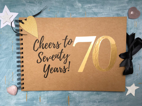Personalised 70th birthday gift, cheers to seventy years custom scrapbook album, personalized 70th birthday guest book retirement gift