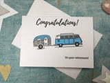 Personalized blue Camper van retirement congratulations card, custom blue retro campervan retirement card for coworkers leaving card