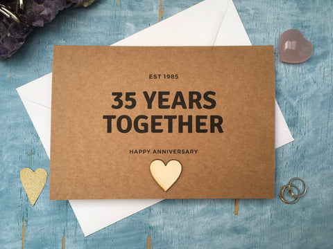 personalised or custom 35th wedding anniversary card with wooden heart for 35 years together