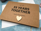 personalised or custom 35th wedding anniversary card with wooden heart for 35 years together