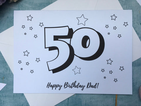 PDF printable 50th birthday card for dad instant download to print and colour in, downloadable DIY 50 card adult colouring card for crafter