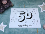 PDF printable 50th birthday card for dad instant download to print and colour in, downloadable DIY 50 card adult colouring card for crafter