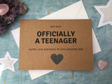 13th birthday card with black glitter heart - officially a teenager card