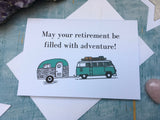 Personalized retro blue Camper and caravan retirement card - may your retirement be filled with adventure