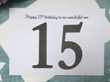 15th birthday card son, happy 15th birthday to our wonderful son, black/grey glitter 15 birthday card for a boy