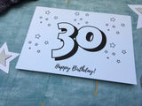 PDF printable 30th birthday card instant download to print and colour in, downloadable DIY 30 card adult colouring card for crafter