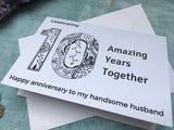 10th anniversary card for husband, ten year wedding anniversary card for wife, 10 amazing years together, black and white pattern card