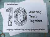 10th anniversary card for husband, ten year wedding anniversary card for wife, 10 amazing years together, black and white pattern card