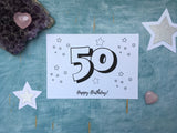 PDF printable 50th birthday card instant download to print and colour in, downloadable DIY 50 card adult colouring card for crafter