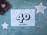 PDF printable 40th birthday card instant download to print and colour in, downloadable DIY 40 card adult colouring card mindfulness