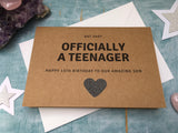 13th birthday card with black glitter heart - officially a teenager card
