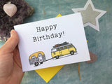 Personalized custom Camper van birthday card, retro yellow campervan card for niece, happy birthday card yellow happy camper van