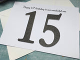 15th birthday card son, happy 15th birthday to our wonderful son, black/grey glitter 15 birthday card for a boy