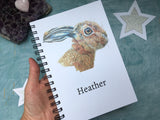 Personalized notebook, personalized sketchbook with hare print, best friend gift, spiral bound notebook customised, gift for cousin