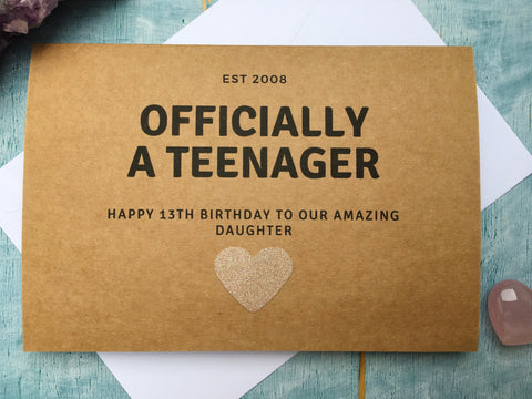 13th birthday card for a girl, officially a teenager, thirteen card for daughter or niece turning 13