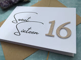 Sweet sixteen 16th birthday card with rose gold glitter numbers