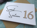 Sweet sixteen 16th birthday card with rose gold glitter numbers
