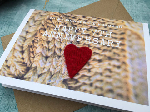 Printed 7th wedding anniversary card with recycled red cashmere wool heart for husband or wife -  wool wedding anniversary card
