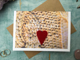 Printed 7th wedding anniversary card with recycled red cashmere wool heart for husband or wife -  wool wedding anniversary card