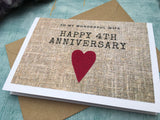 printed linen image 4th wedding anniversary card with pink linen heart